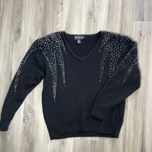 Vintage Le Chois Embellished Beaded Black Angora Wool & Silk Sweater Medium